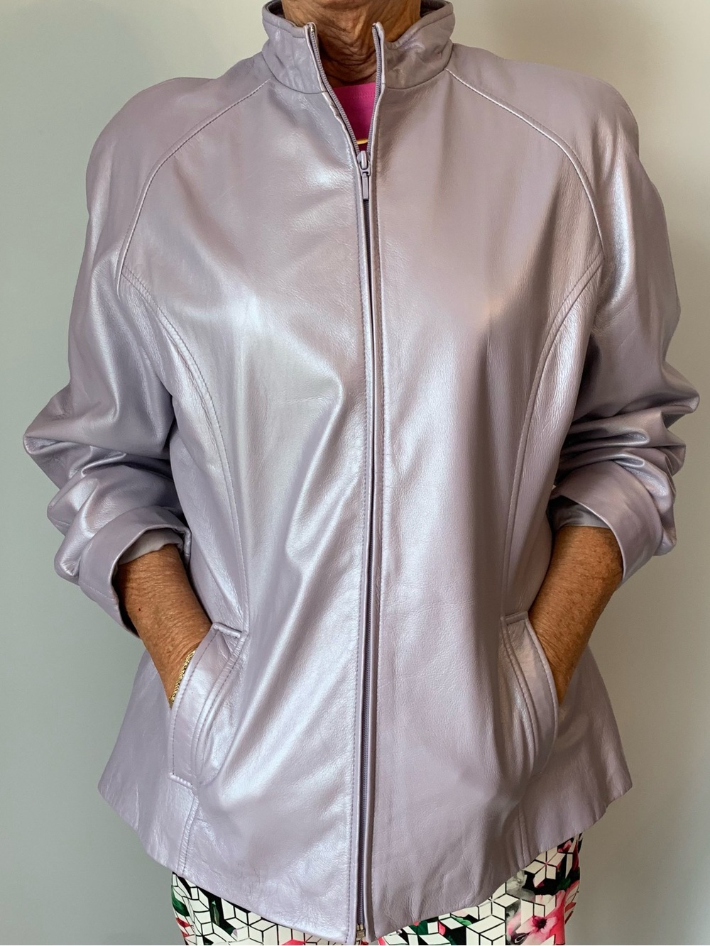 SZ14 DANIER LIGHT LAVENDER LEATHER BOMBER ZIP JACKET VINTAGE 90s